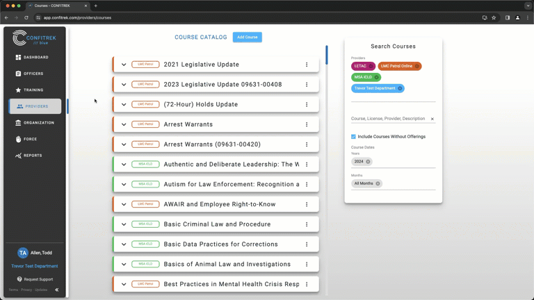 ConfiTrek course requirements and notifications
