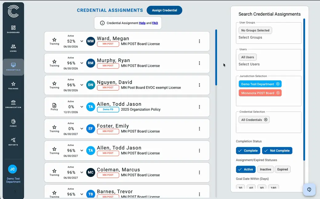 ConfiTrek administrator opening an individual officer's credential report from their credential list — complete compliance reporting in a few clicks