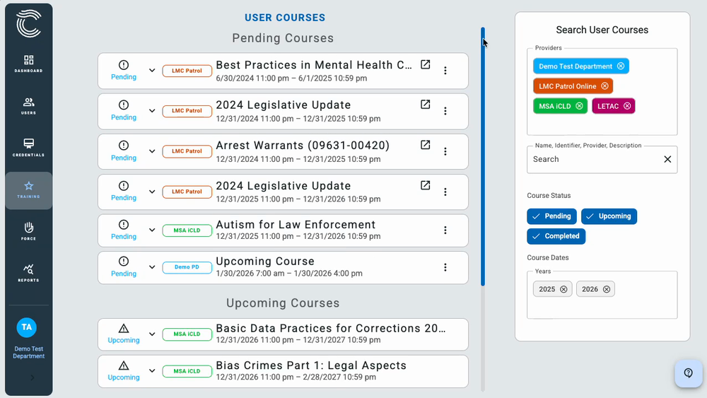 Scrolling through an officer's User Training section listing every assigned and completed course