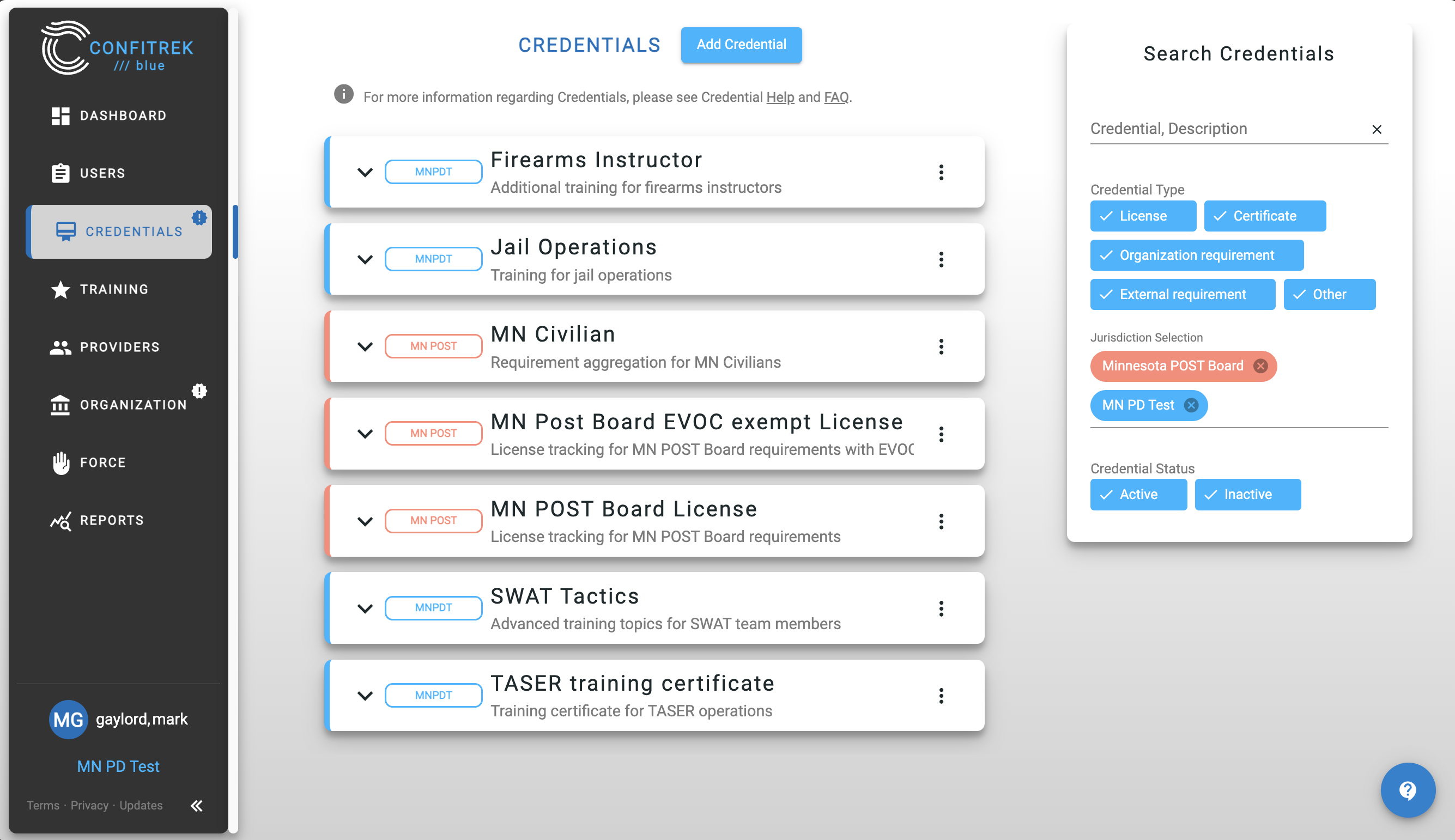 ConfiTrek custom credential list