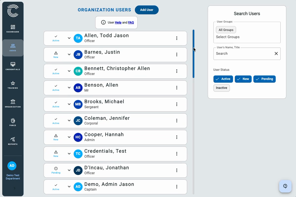 The ConfiTrek agency roster listing many officer rows as a new agency is set up in the system
