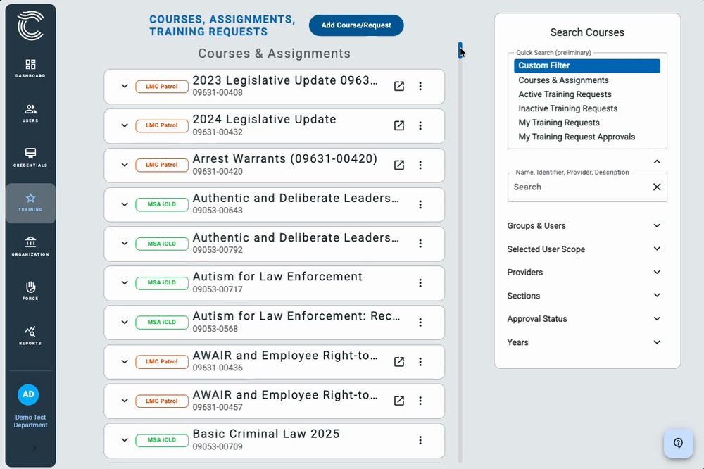 The ConfiTrek course catalog with a course being clicked open to assign it to officers or groups