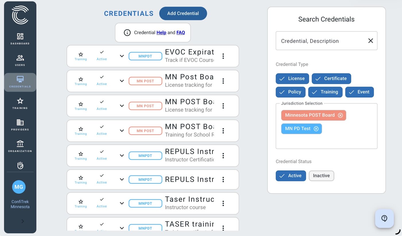 ConfiTrek credentials management screen showing EVOC, MN POST Board License, and instructor credentials with active status