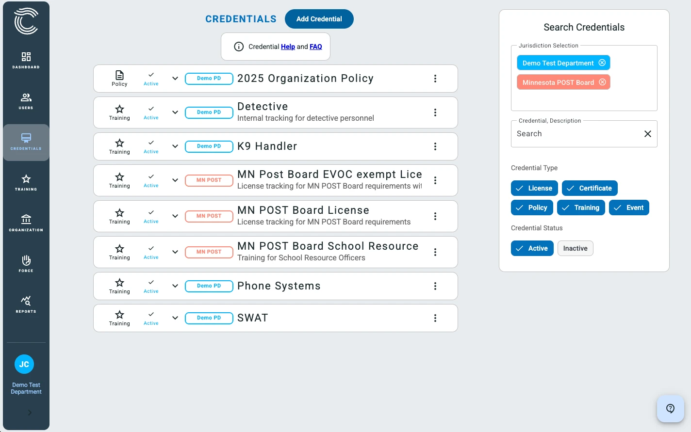 ConfiTrek credentials management screen