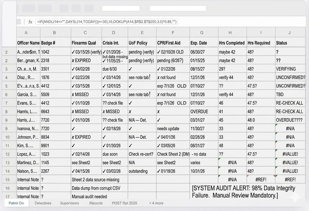 A sprawling manual compliance spreadsheet with scattered dates, ad-hoc formulas, and unknown statuses — the error-prone tracking ConfiTrek replaces