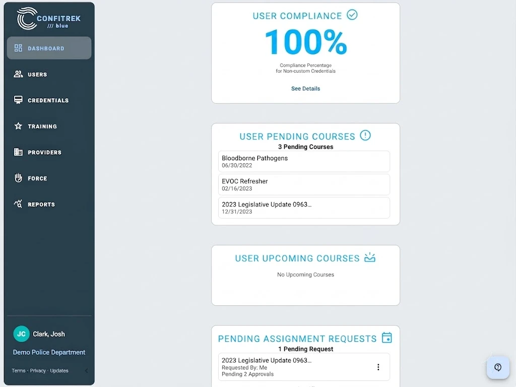 An officer's personal ConfiTrek dashboard showing their assigned and completed trainings at a glance