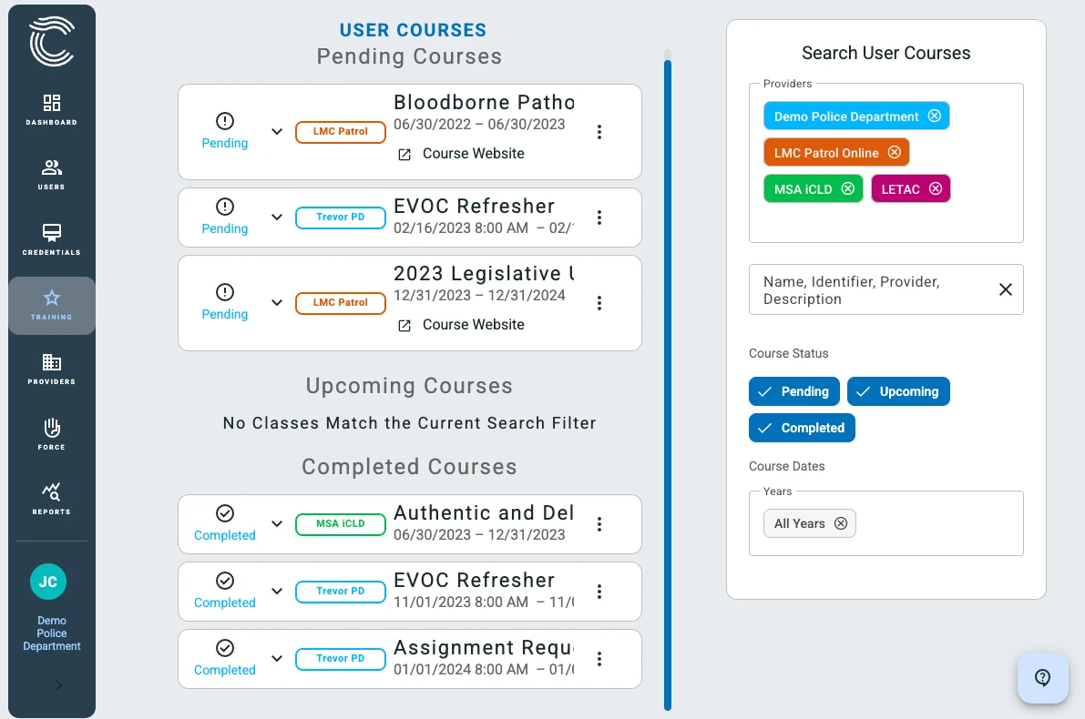 An officer's self-service dashboard in ConfiTrek, showing the end-user view of their own training