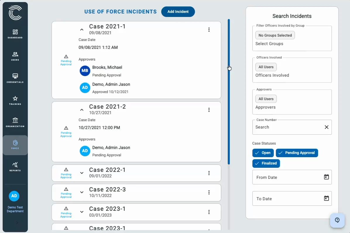 The ConfiTrek Use of Force module showing incident records with officer details and approval workflow